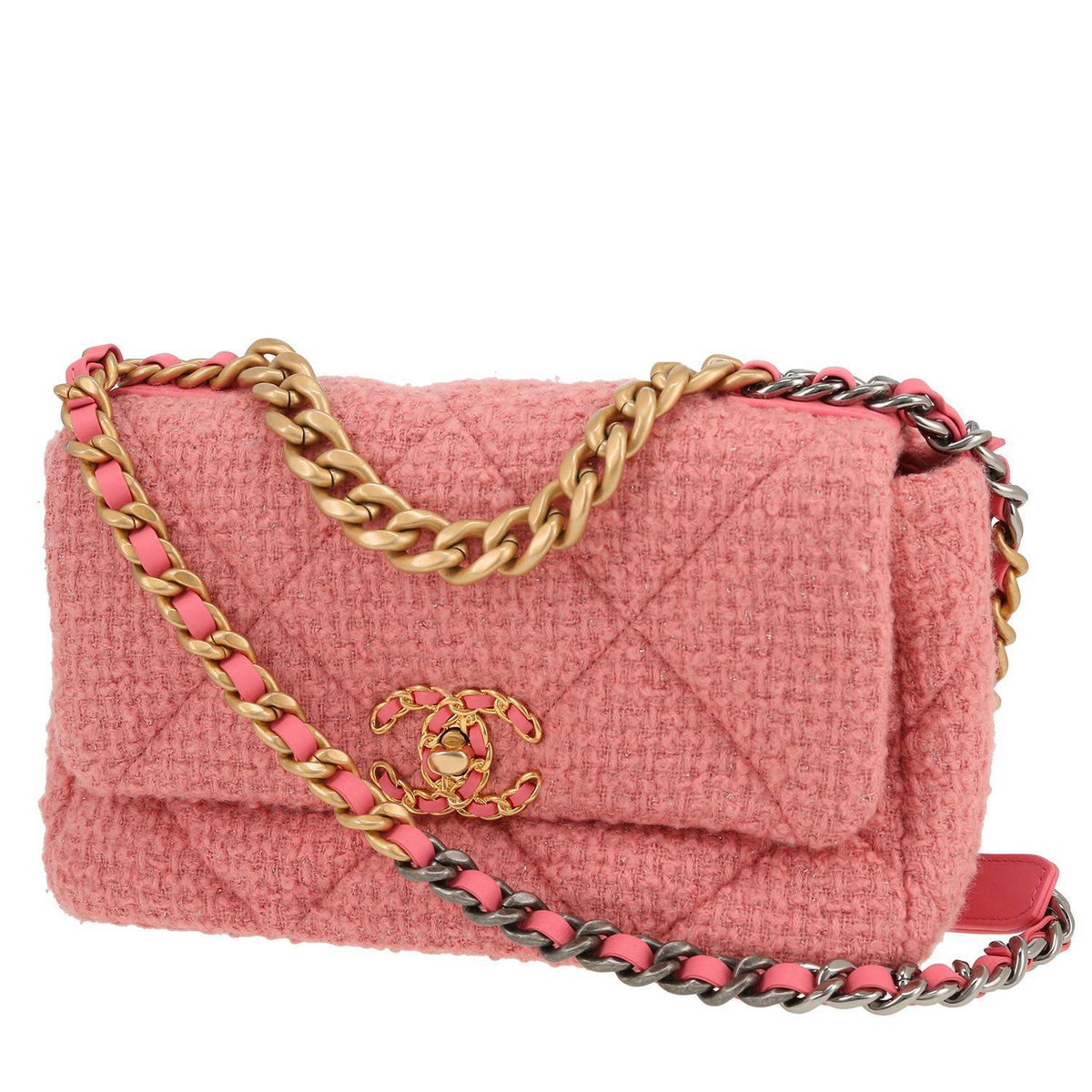Chanel 19 medium model shoulder bag in pink tweed