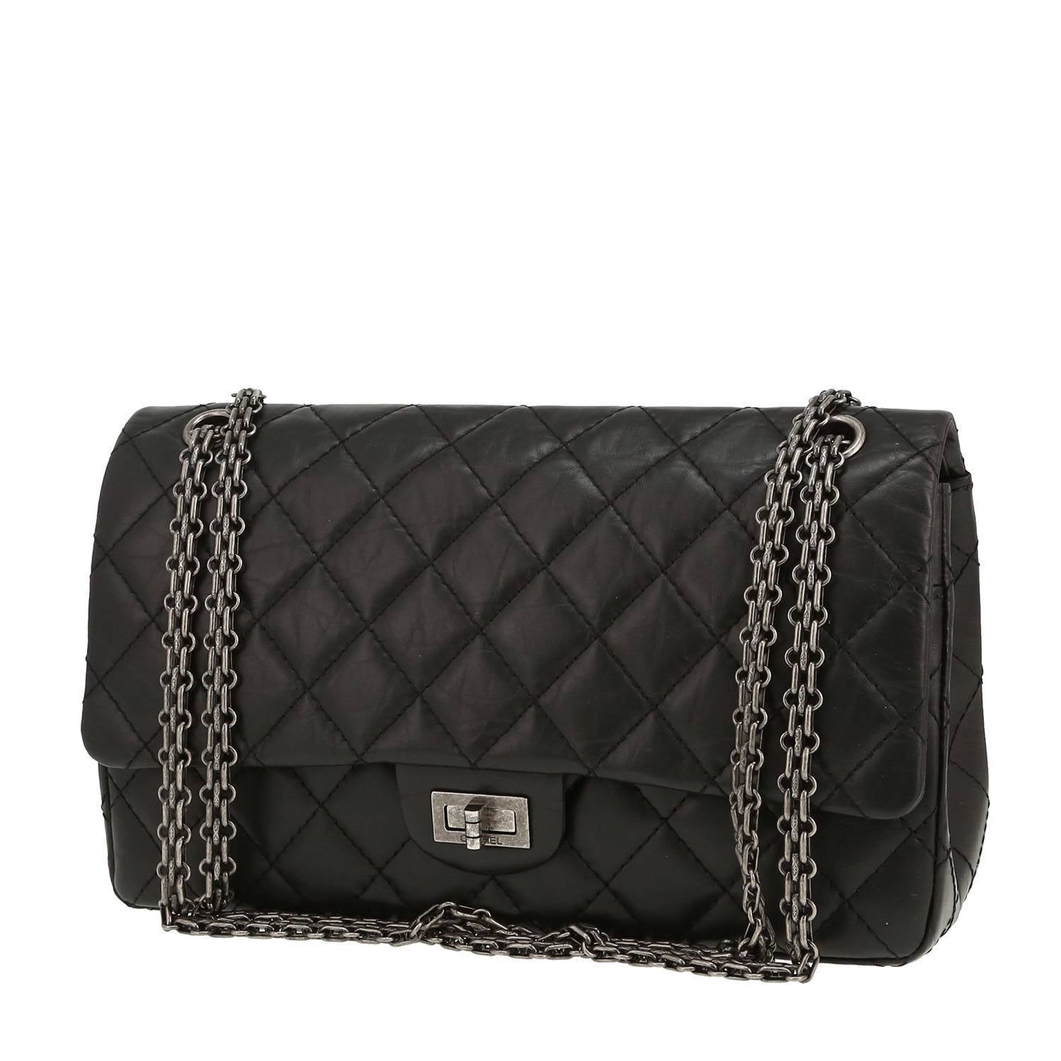 Chanel 2.55 large model shoulder bag in black quilted leather
