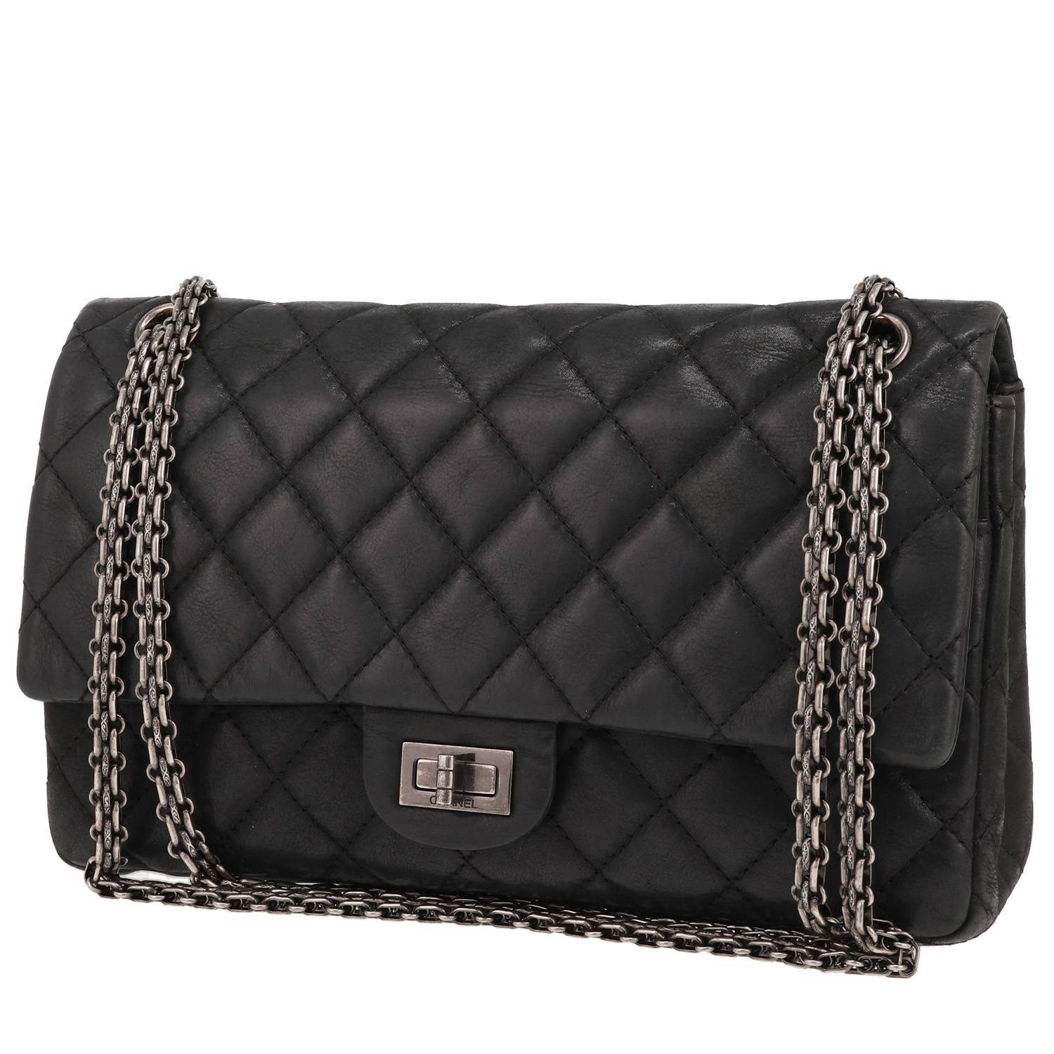 Chanel 2.55 large model shoulder bag in grey quilted iridescent leather