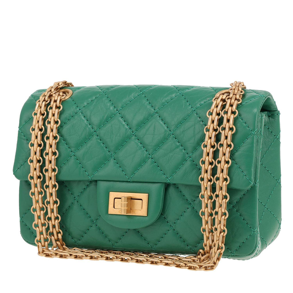 Chanel 2.55 small model shoulder bag in green quilted leather