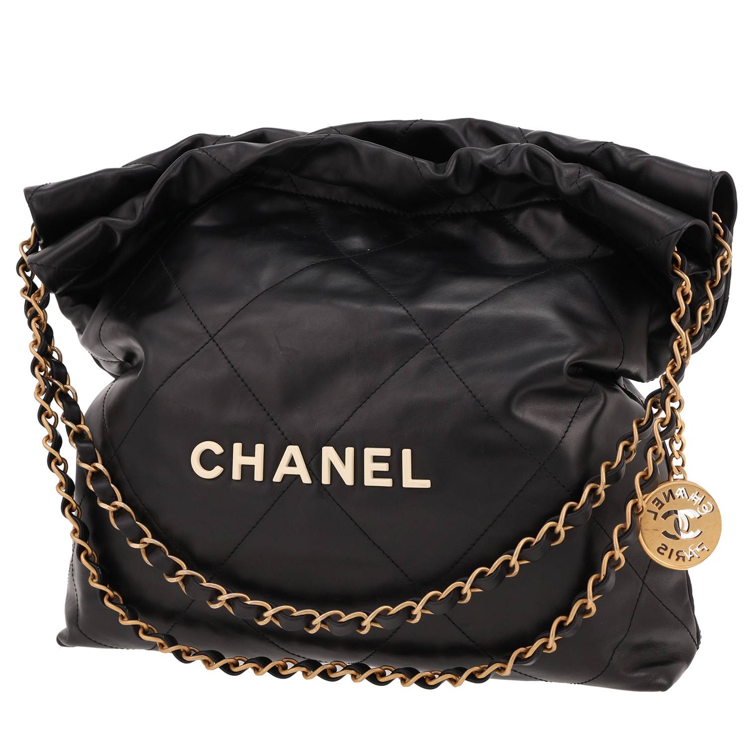 Chanel 22 small model handbag in black leather
