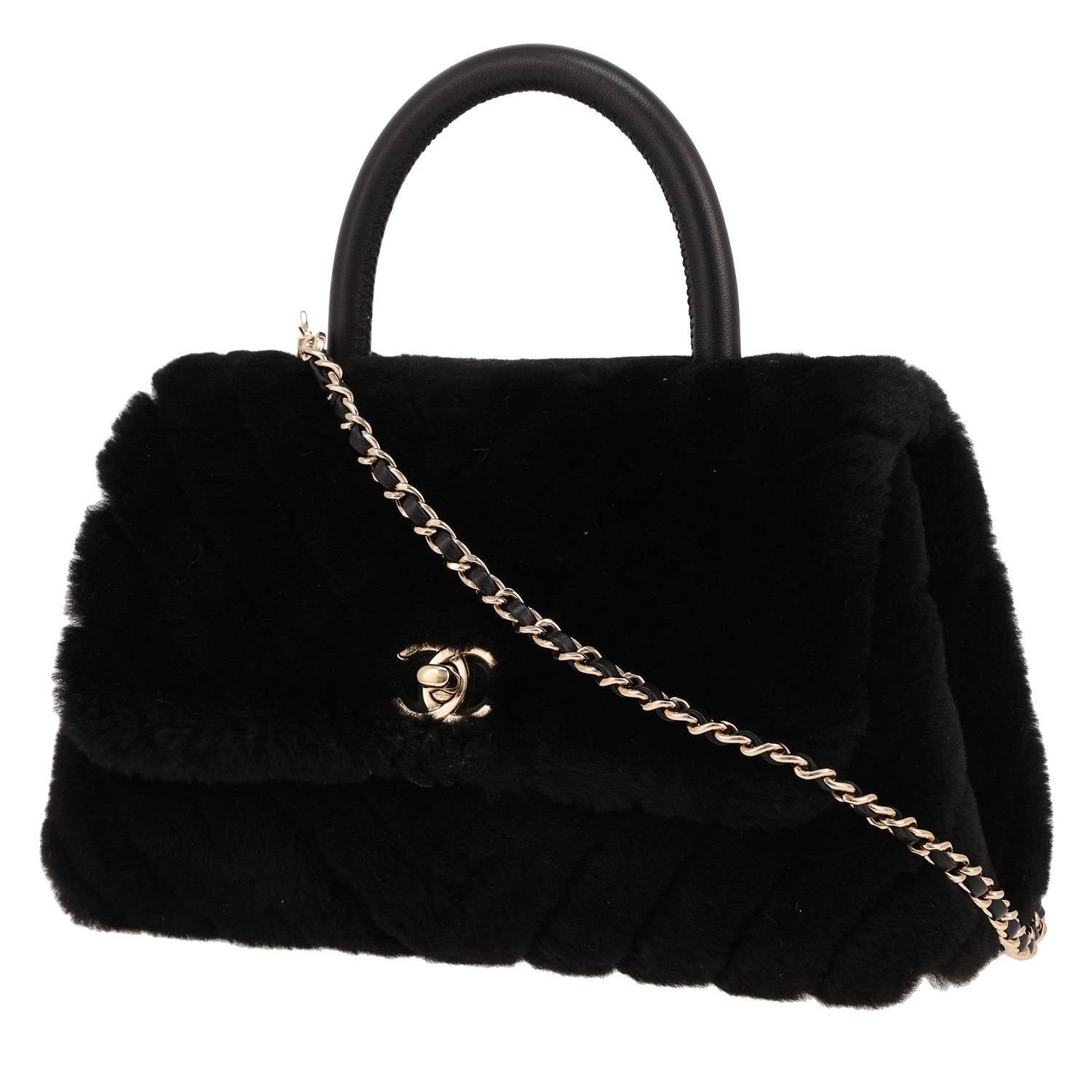 Chanel Coco Handle handbag in black synthetic furr and black leather