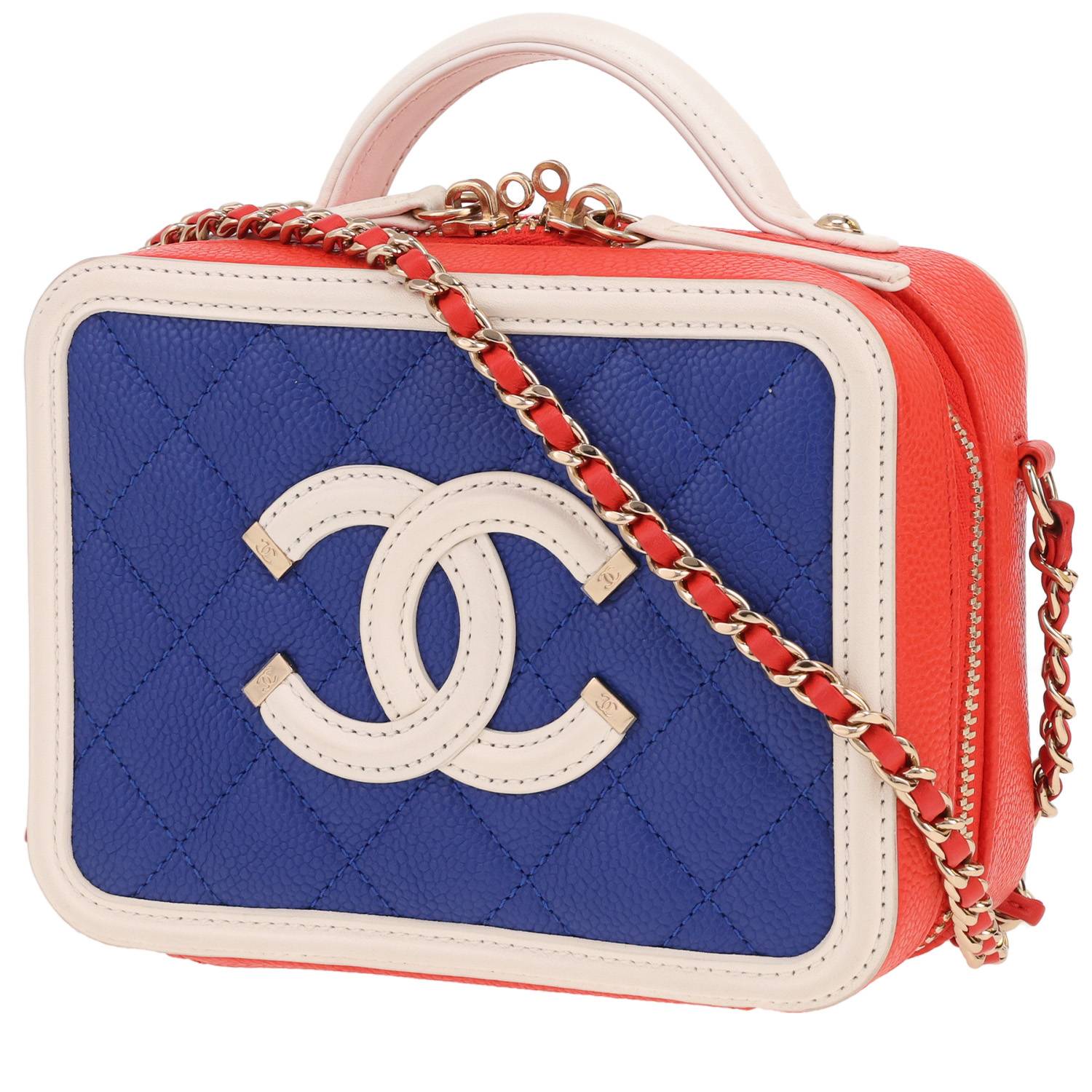 Chanel Filigree Vanity Case shoulder bag in blue, white and red quilted grained leather