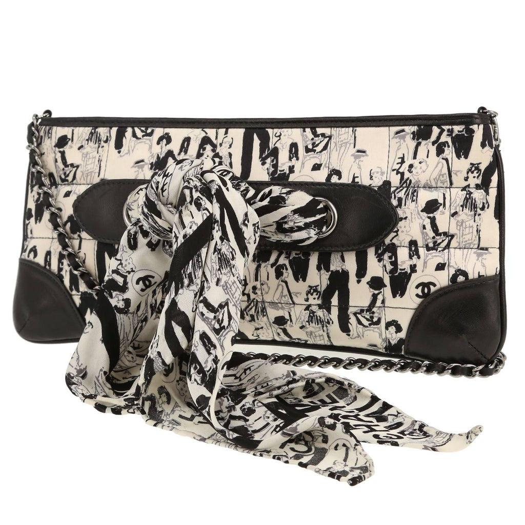 Chanel handbag in black and white silk and black leather
