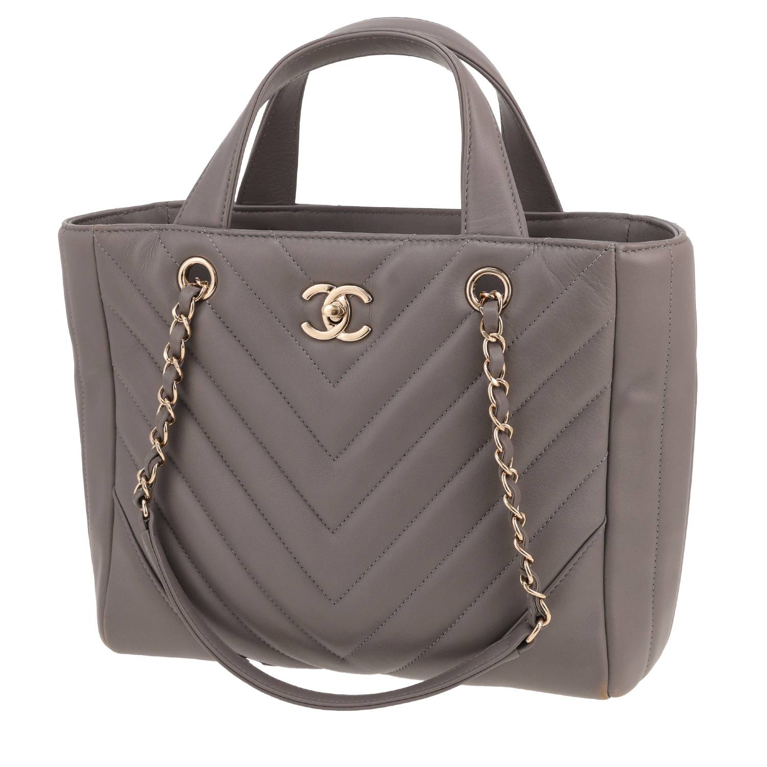 Chanel Statement Tote small model handbag in grey chevron quilted leather