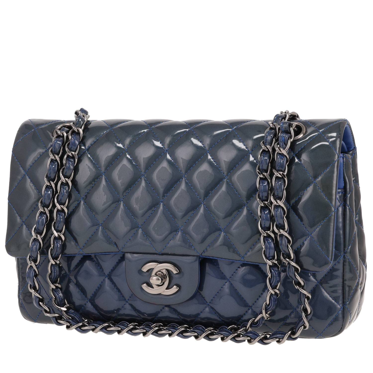 Chanel Timeless Classic handbag in petrol blue quilted patent leather