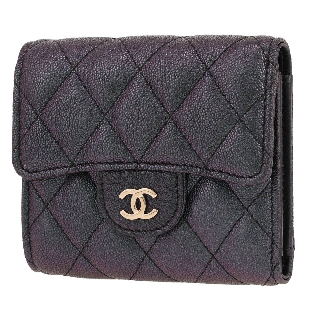 Chanel Timeless wallet in green and purple holographic quilted grained leather