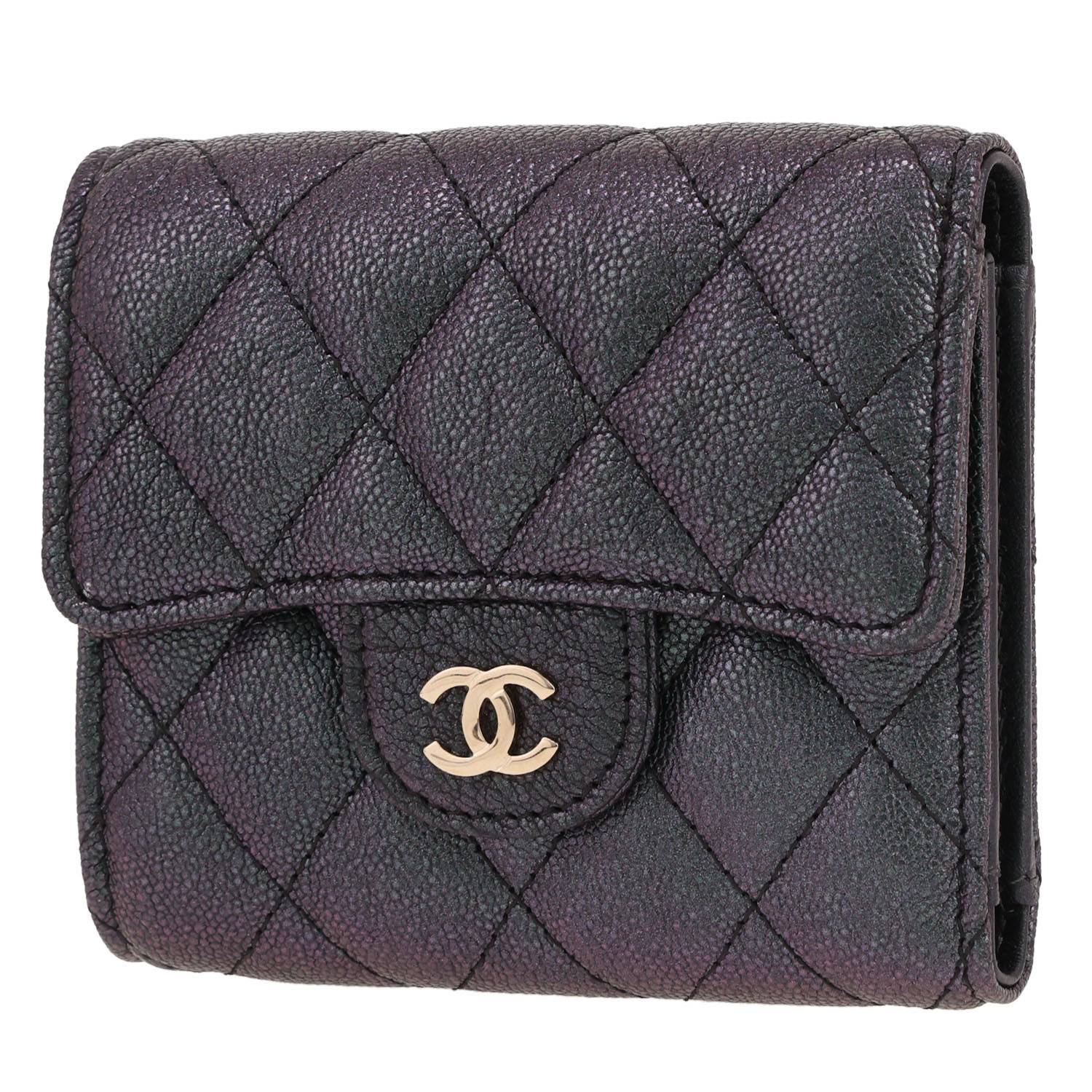Chanel Timeless wallet in green and purple holographic quilted grained leather