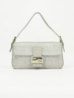 FENDI SILVER LEATHER LOGO BAGUETTE