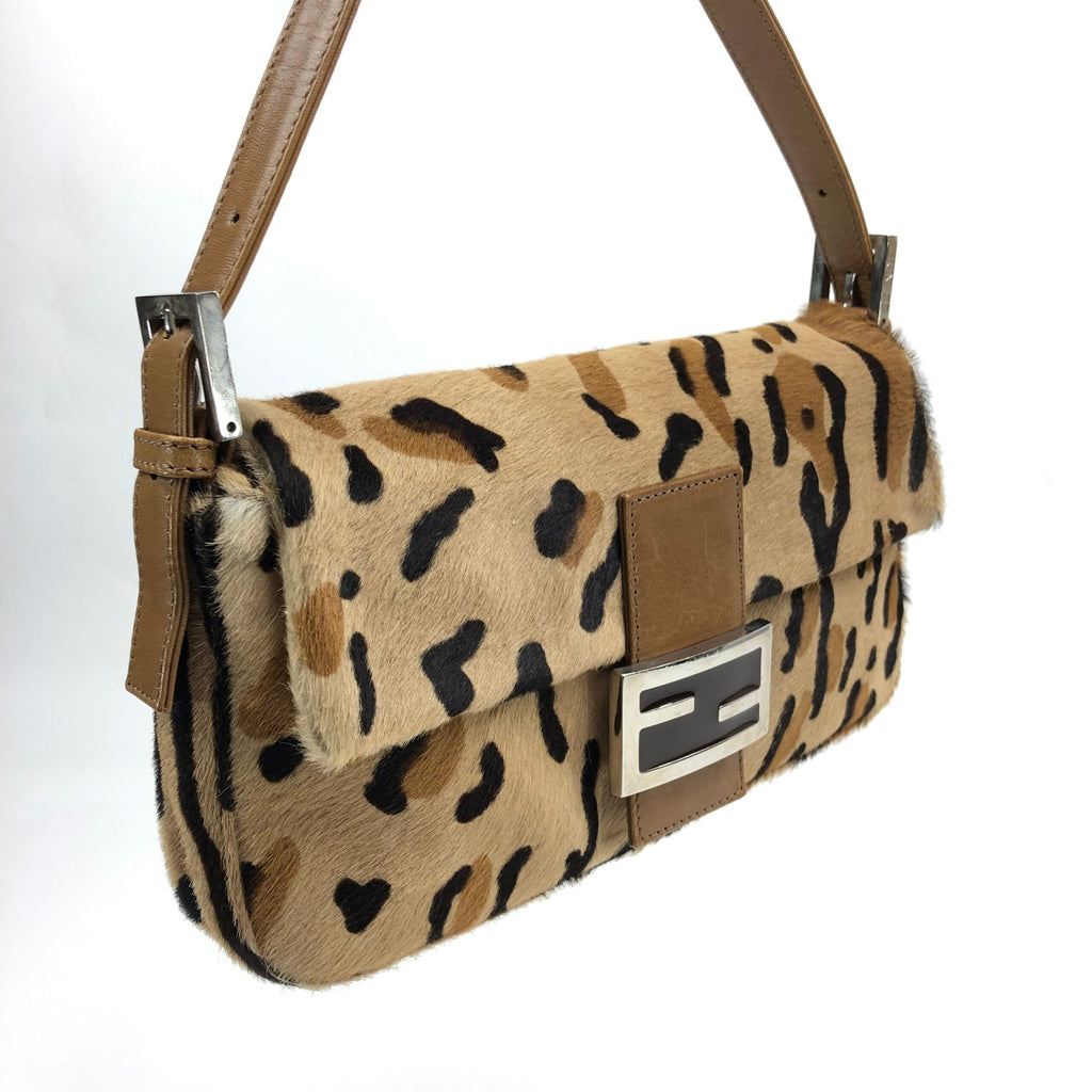 FENDI LEOPARD CALF HAIR BAGUETTE SHOULDER BAG