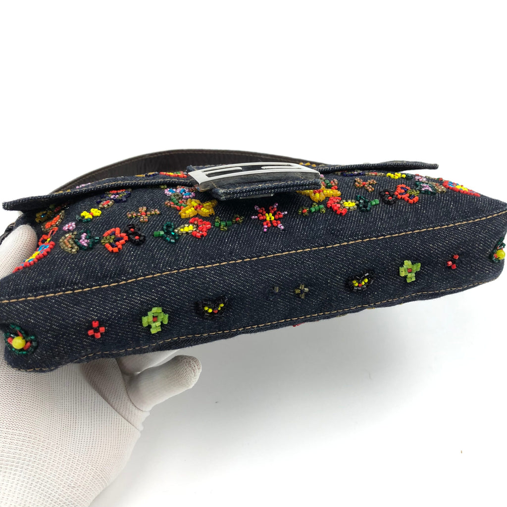 FENDI DENIM FLORAL BEADED BAGUETTE BAG