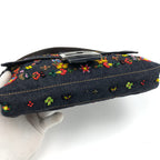 FENDI DENIM FLORAL BEADED BAGUETTE BAG