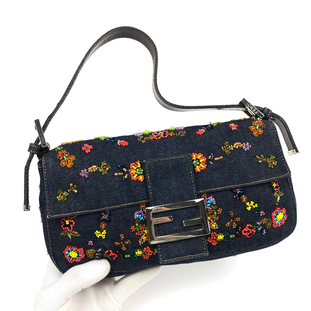 FENDI DENIM FLORAL BEADED BAGUETTE BAG