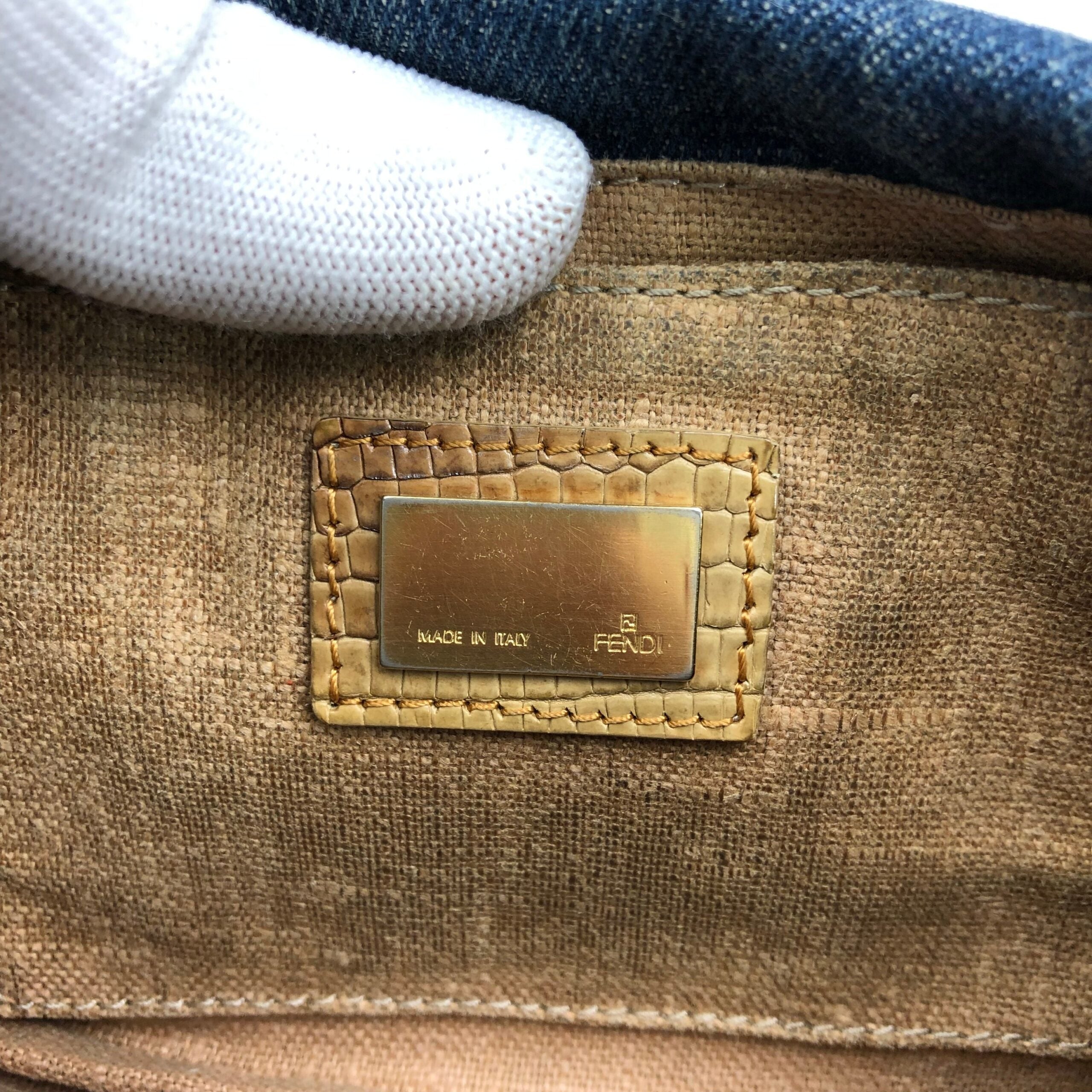 FENDI DENIM BAGUETTE BAG WITH EXOTIC LIZARD DETAILING