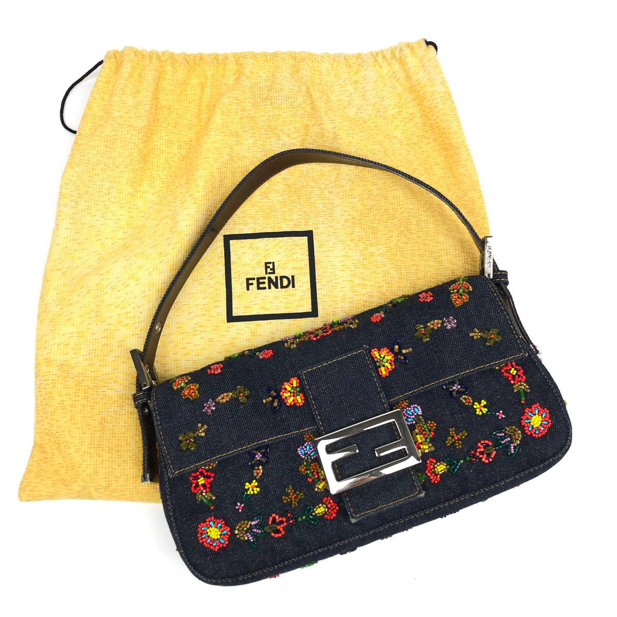 FENDI DENIM FLORAL BEADED BAGUETTE BAG