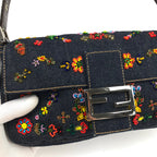 FENDI DENIM FLORAL BEADED BAGUETTE BAG