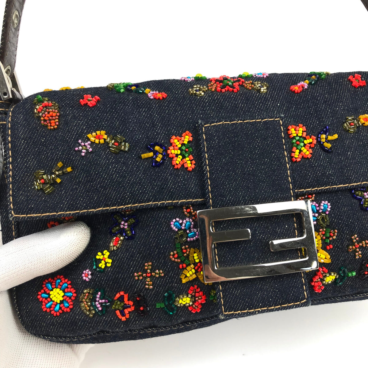 FENDI DENIM FLORAL BEADED BAGUETTE BAG
