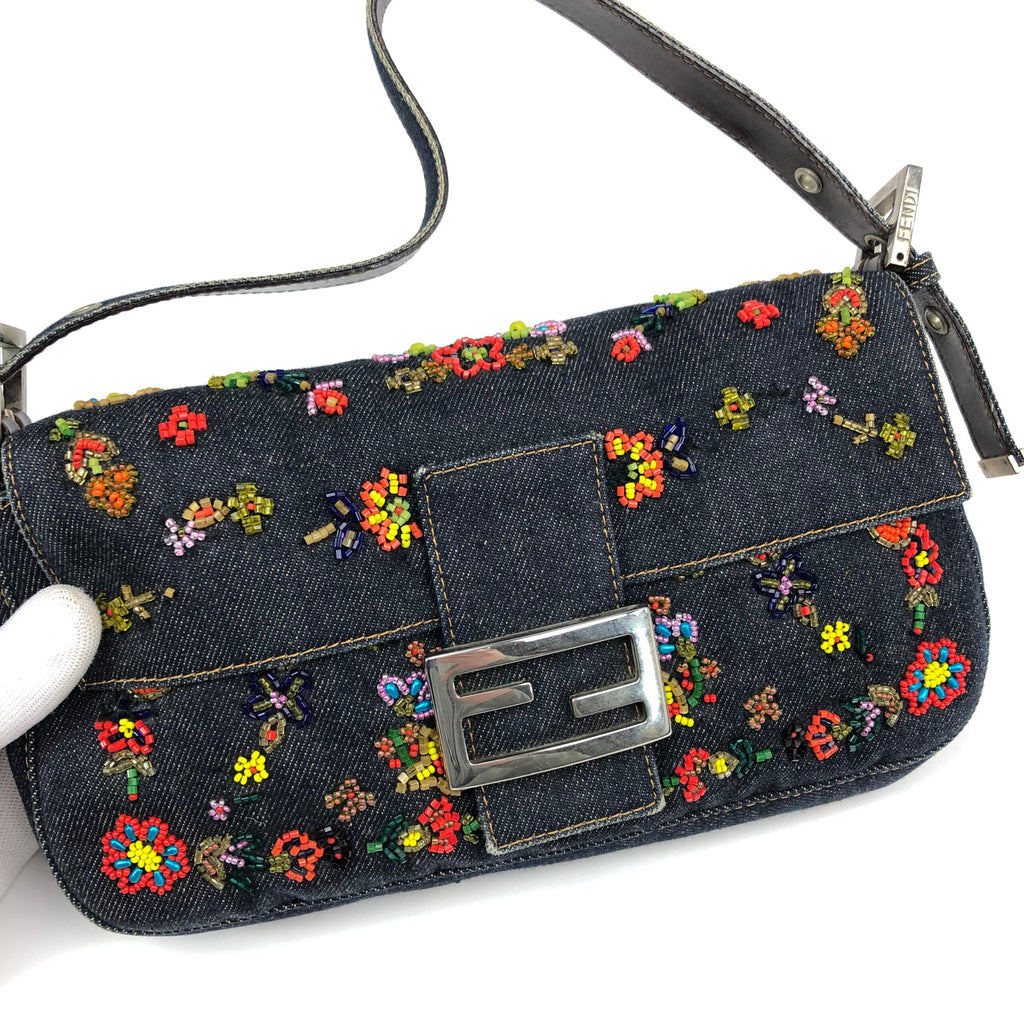FENDI DENIM FLORAL BEADED BAGUETTE BAG