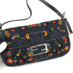 FENDI DENIM FLORAL BEADED BAGUETTE BAG