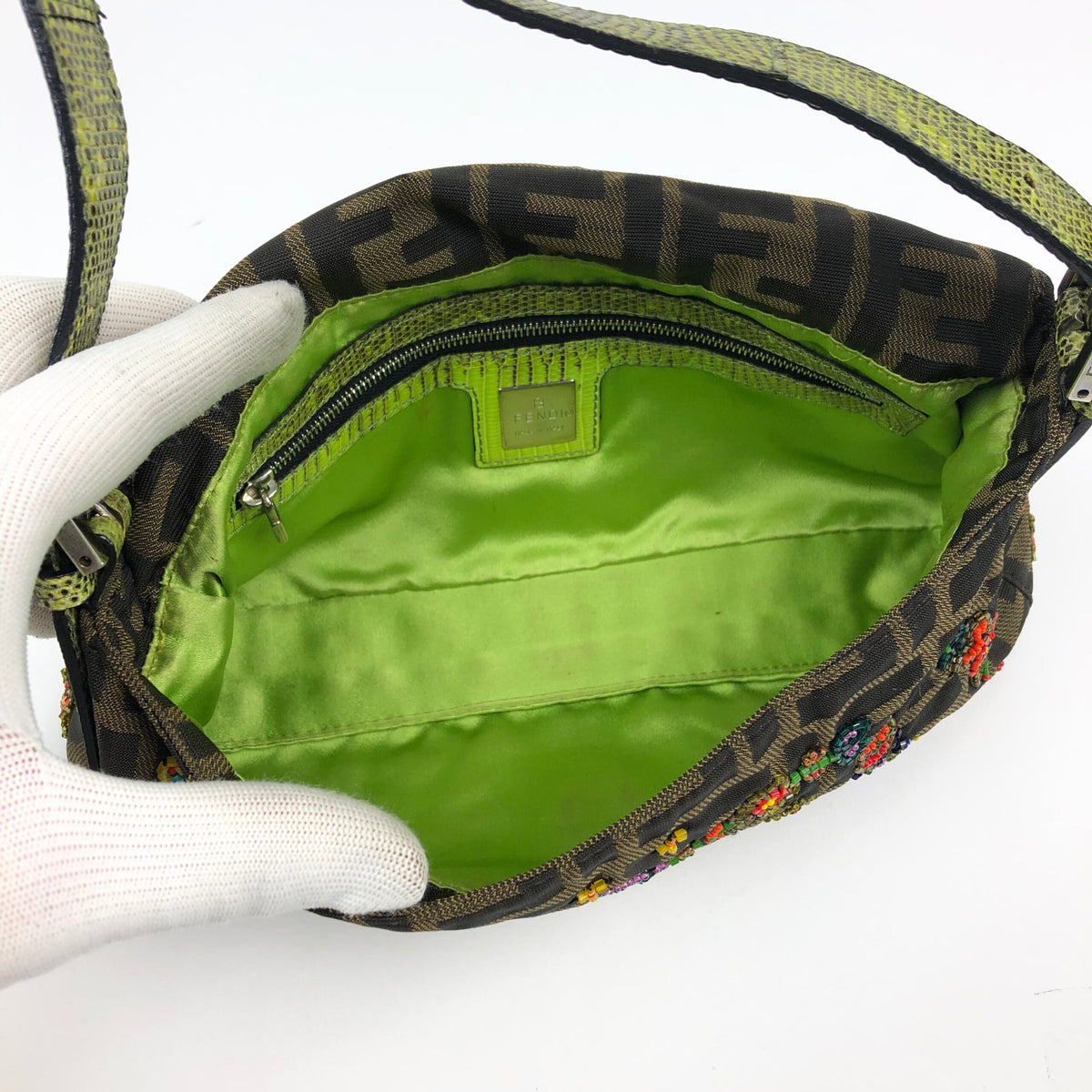 FENDI ZUCCA FLORAL BEADED BAGUETTE BAG WITH EXOTIC LIZARD DETAILING