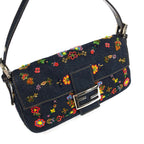 FENDI DENIM FLORAL BEADED BAGUETTE BAG