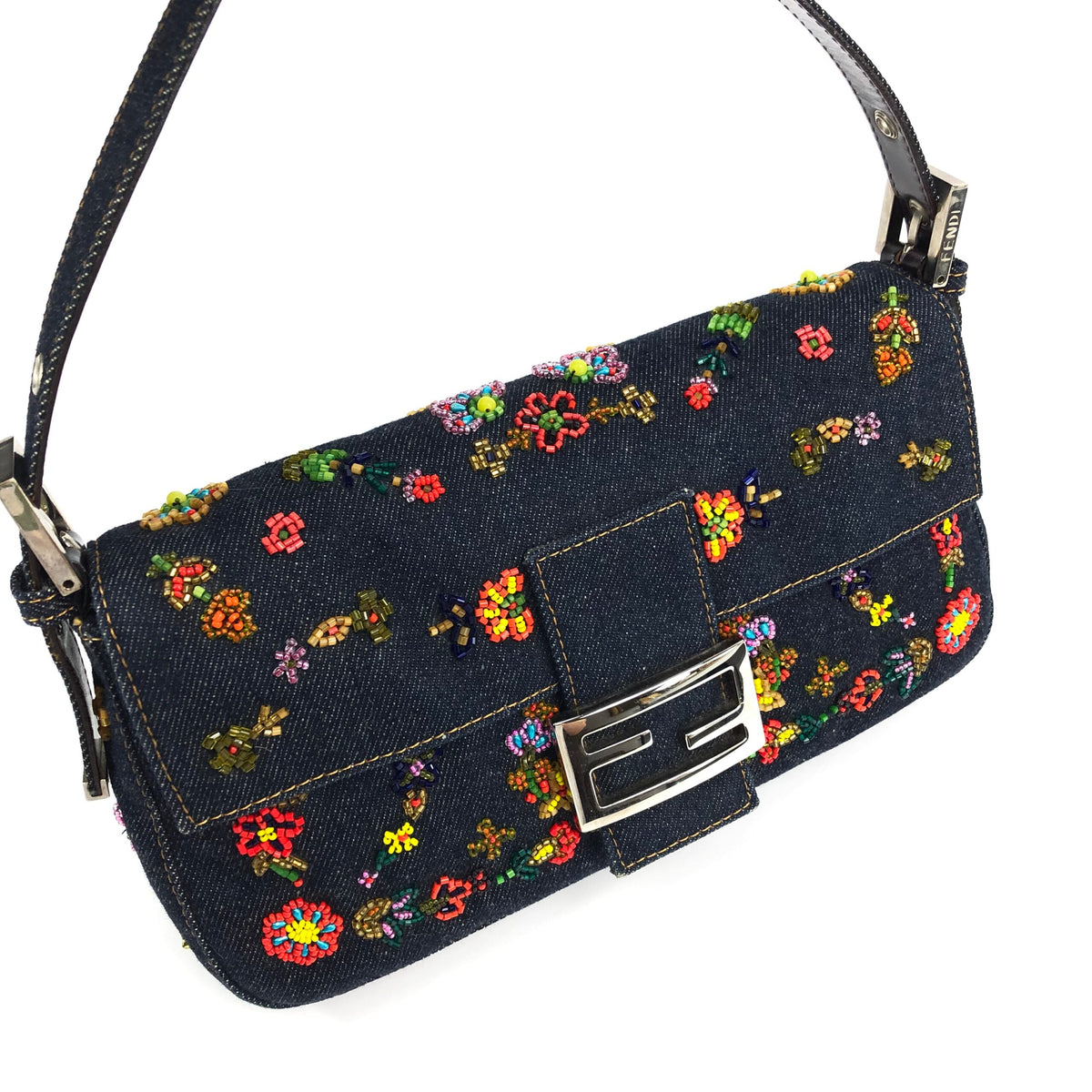 FENDI DENIM FLORAL BEADED BAGUETTE BAG