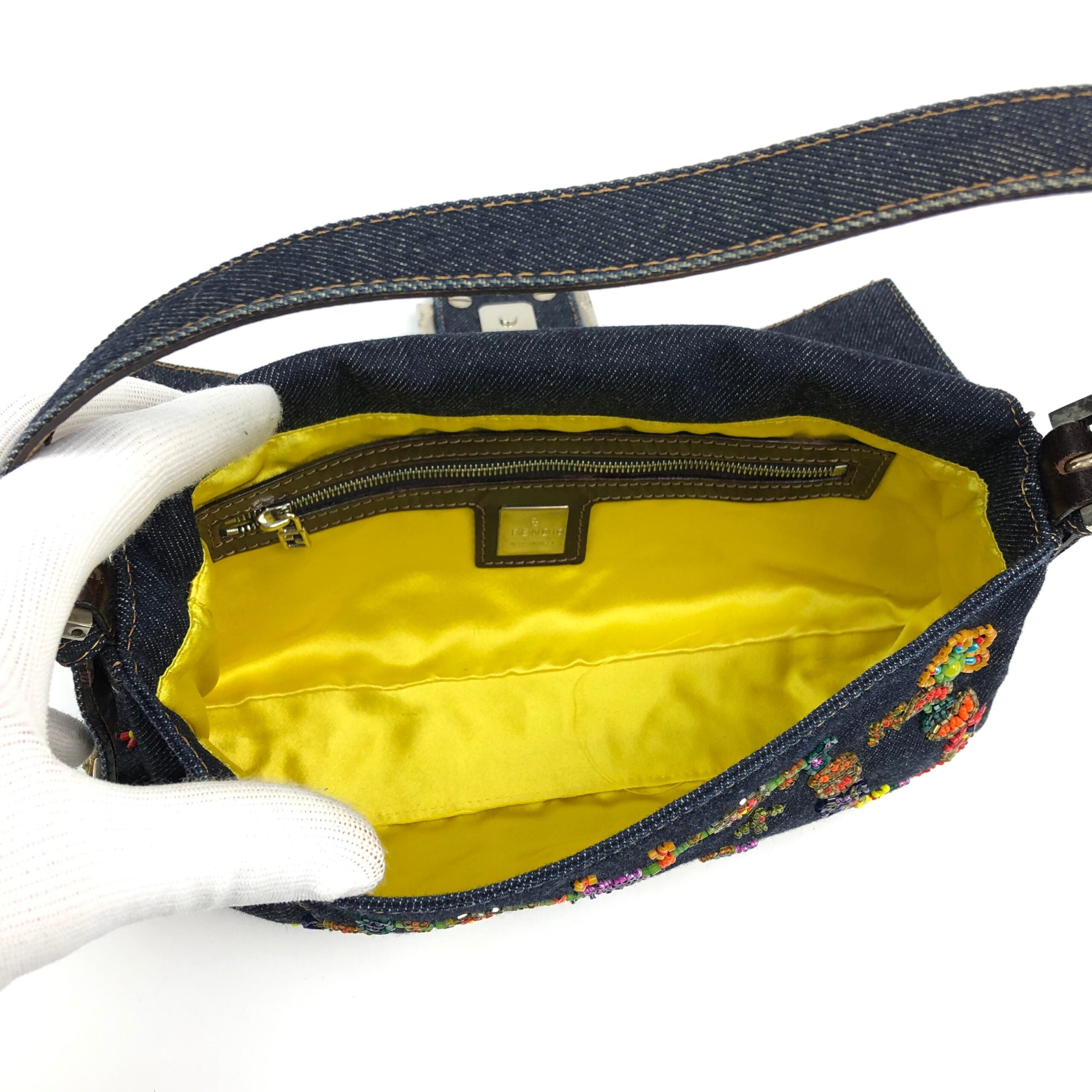 FENDI DENIM FLORAL BEADED BAGUETTE BAG