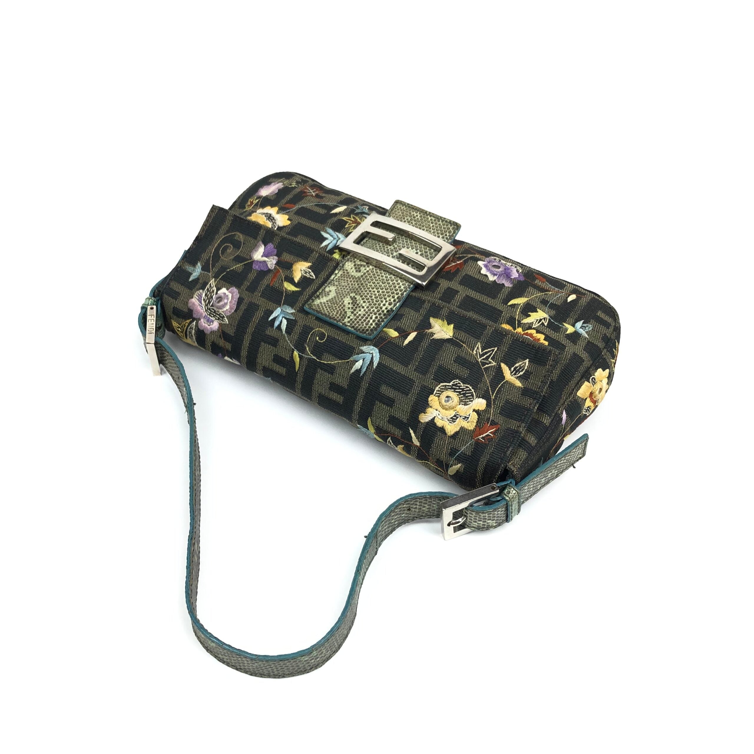 FENDI ZUCCA FLORAL EMBROIDERED BAGUETTE BAG WITH EXOTIC LIZARD DETAILING