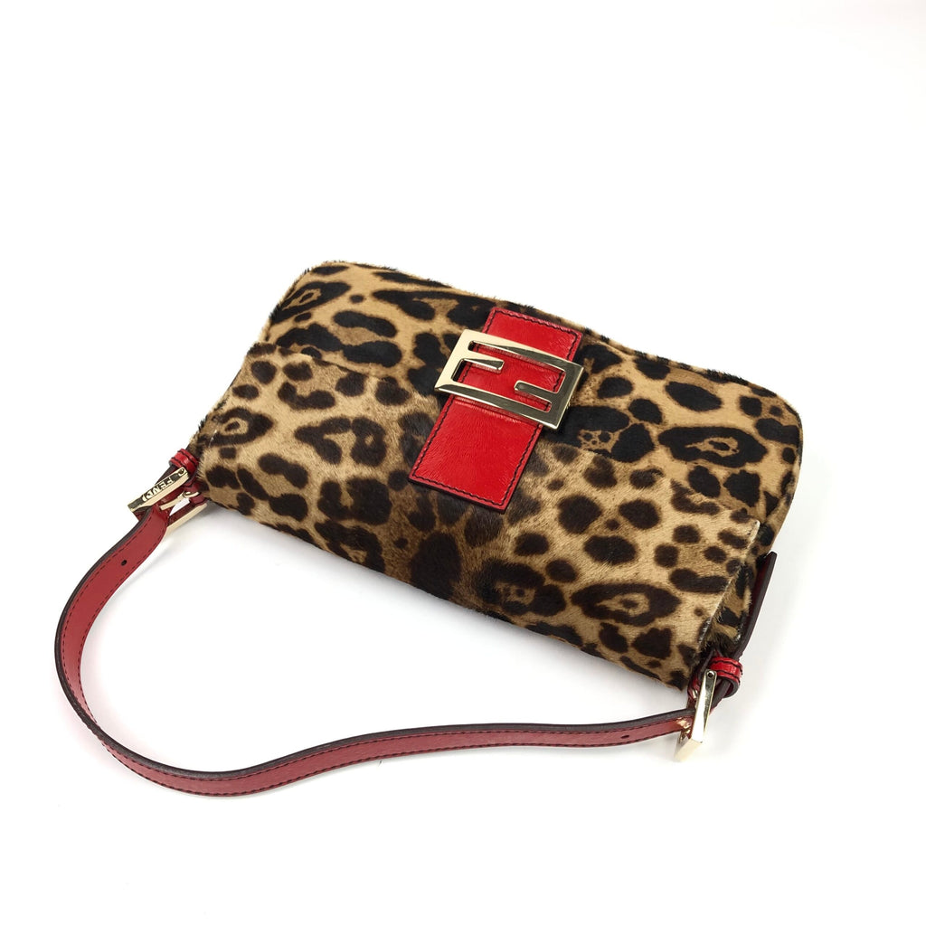 FENDI LEOPARD PONY HAIR BAGUETTE SHOULDER BAG