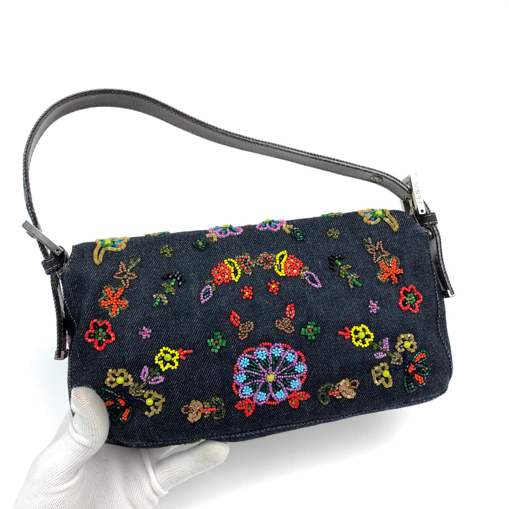 FENDI DENIM FLORAL BEADED BAGUETTE BAG
