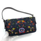 FENDI DENIM FLORAL BEADED BAGUETTE BAG