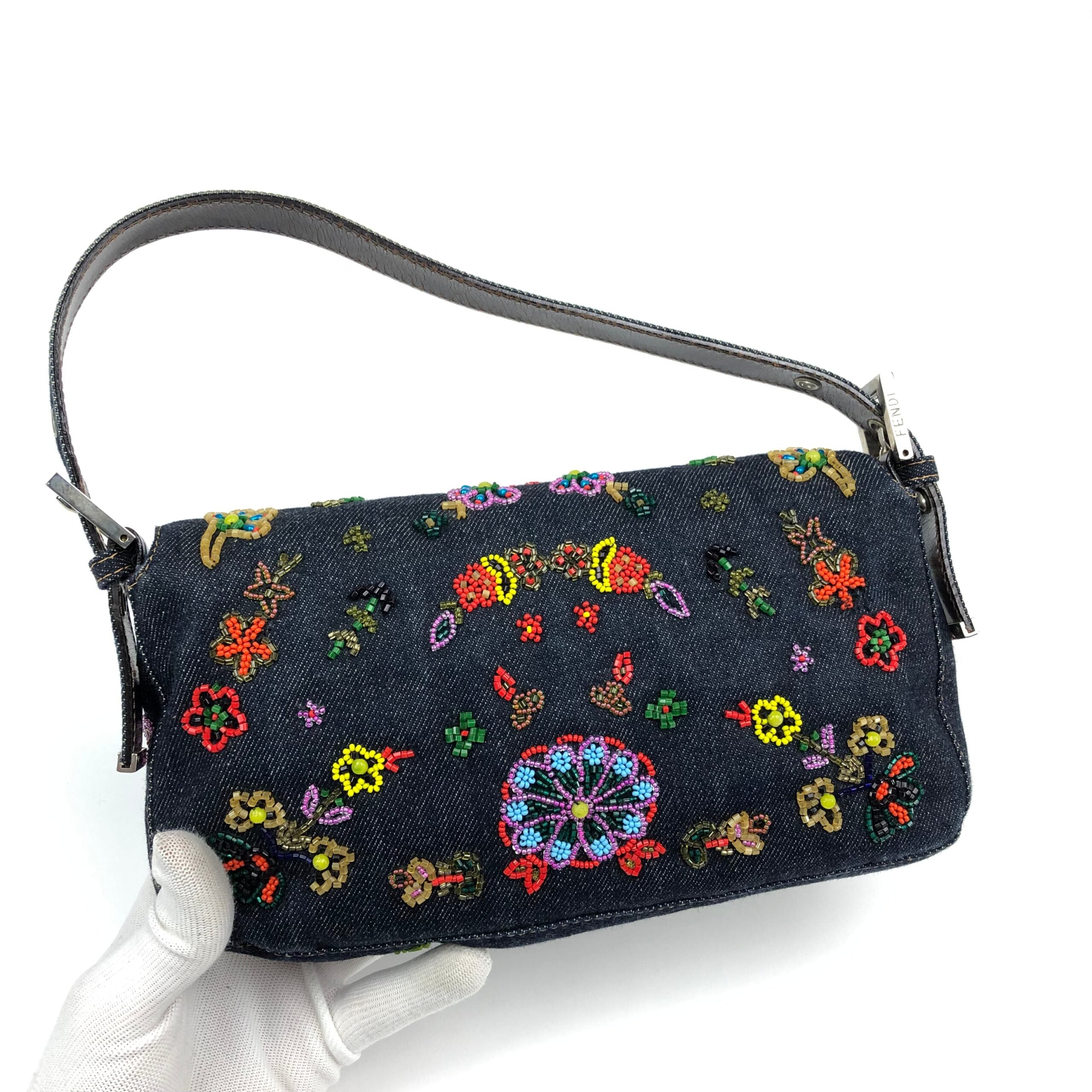 FENDI DENIM FLORAL BEADED BAGUETTE BAG