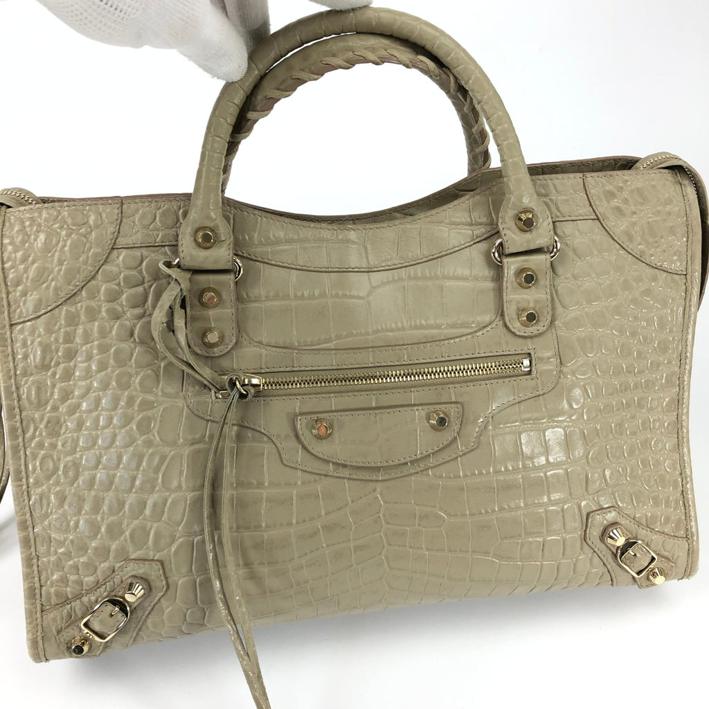 BALENCIAGA CROCODILE EMBOSSED LEATHER CITY BAG