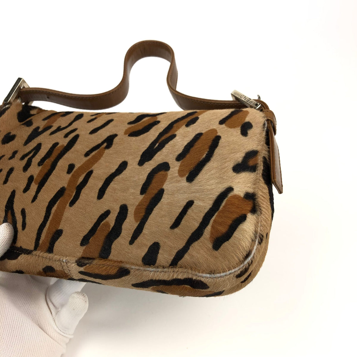 FENDI LEOPARD CALF HAIR BAGUETTE SHOULDER BAG