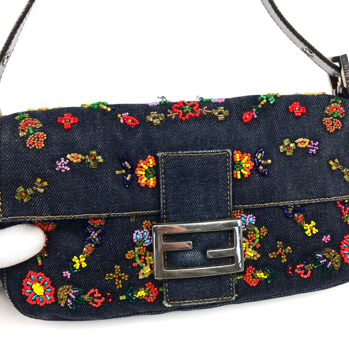 FENDI DENIM BEADED BAGUETTE BAG