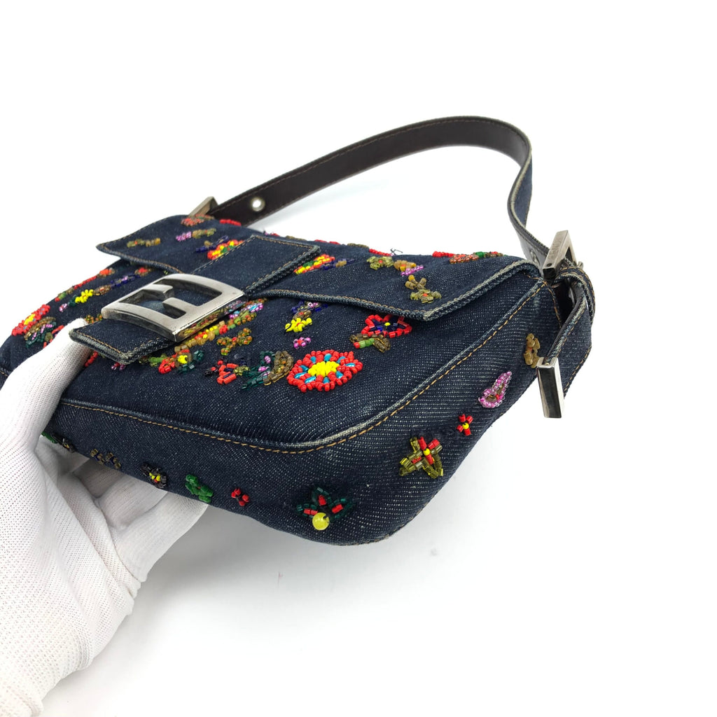 FENDI DENIM BEADED BAGUETTE BAG