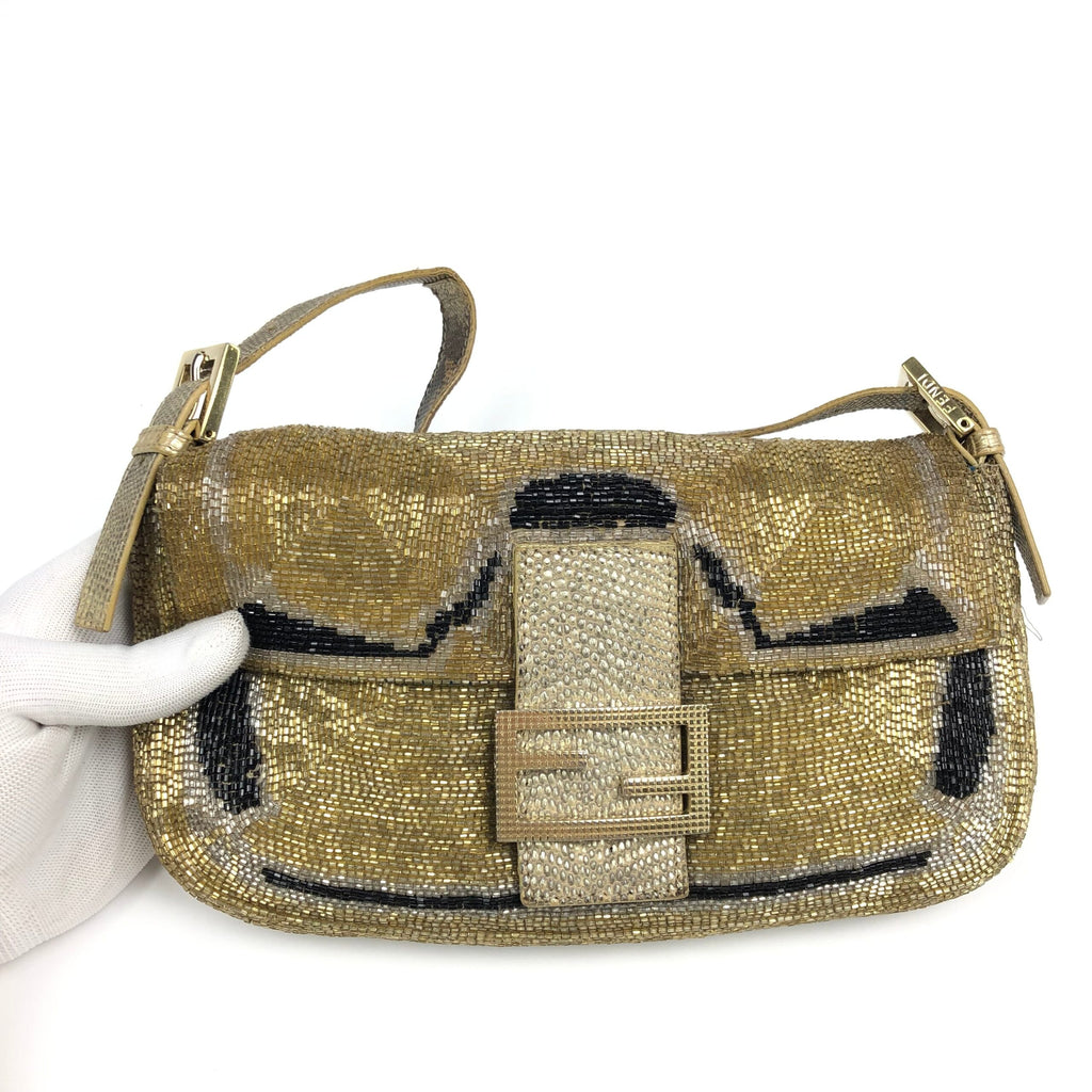 FENDI BEADED GOLD BAGUETTE BAG