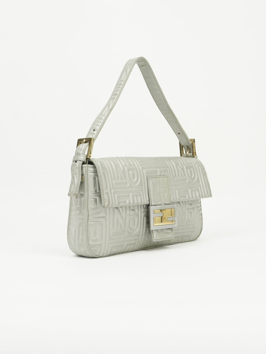 FENDI SILVER LEATHER LOGO BAGUETTE