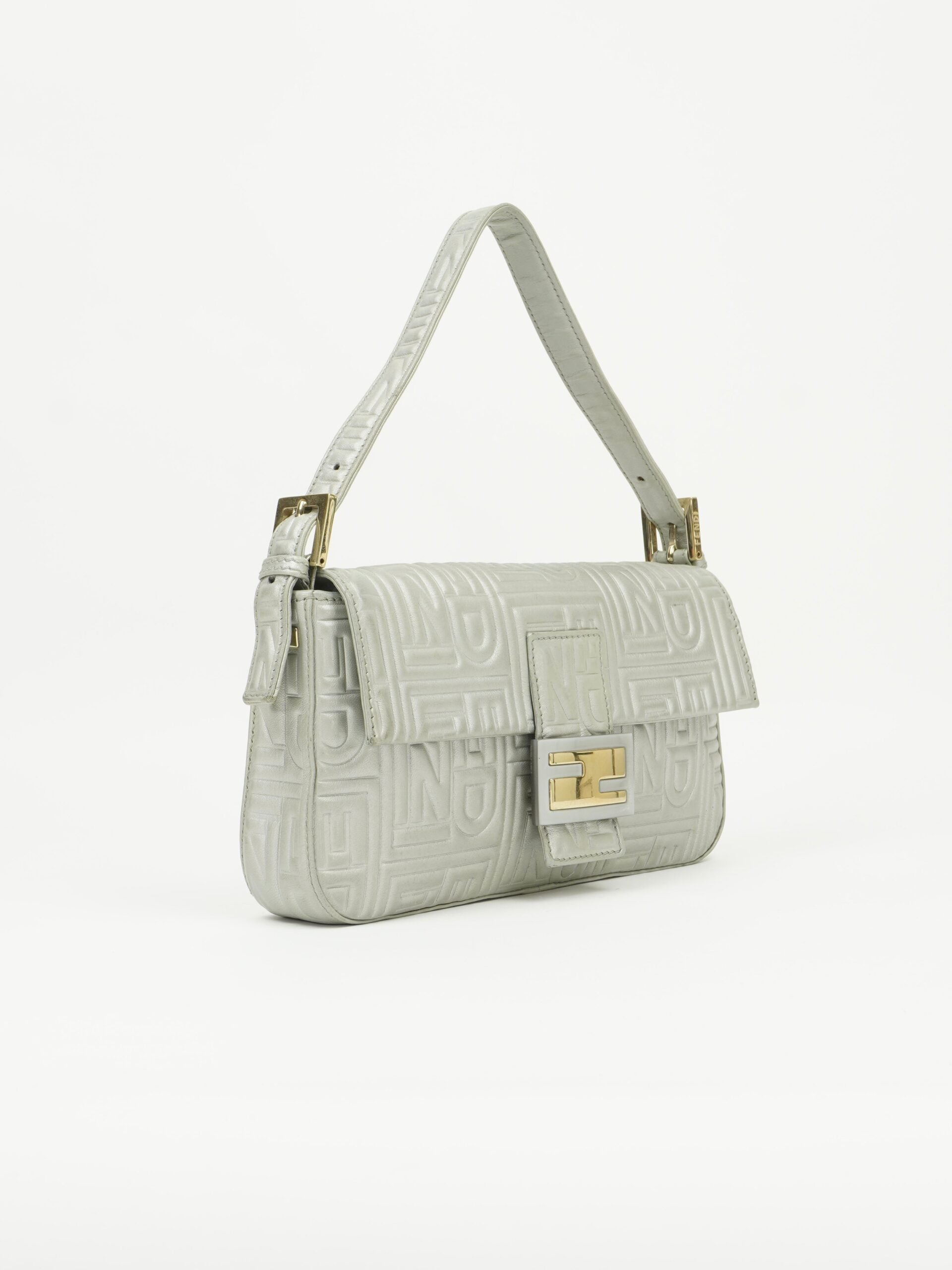 FENDI SILVER LEATHER LOGO BAGUETTE