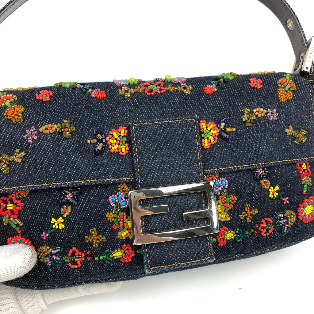 FENDI DENIM FLORAL BEADED BAGUETTE BAG