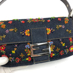 FENDI DENIM FLORAL BEADED BAGUETTE BAG