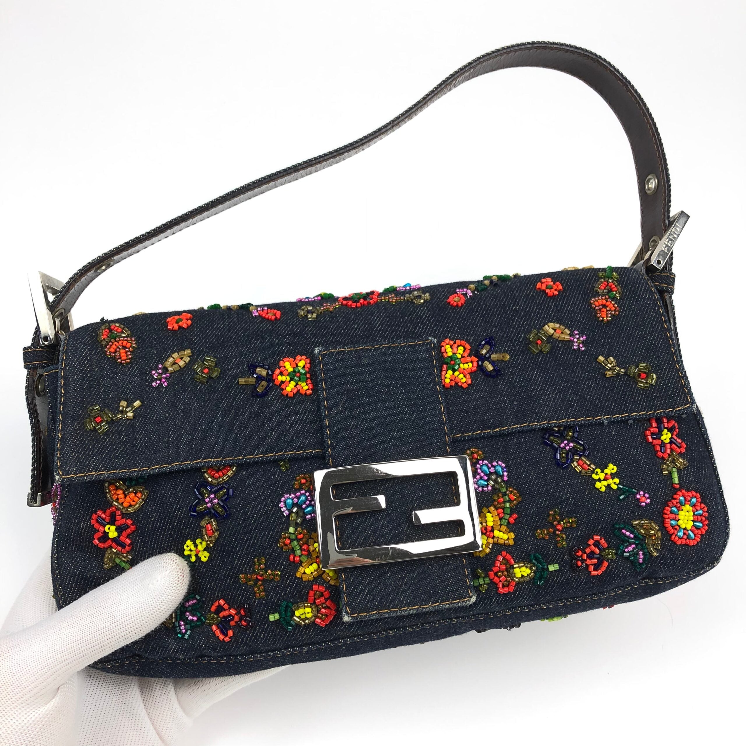 FENDI DENIM FLORAL BEADED BAGUETTE BAG