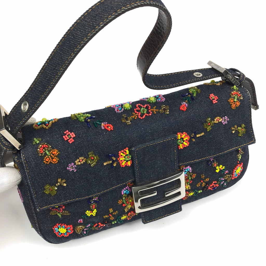 FENDI DENIM FLORAL BEADED BAGUETTE BAG