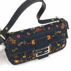 FENDI DENIM FLORAL BEADED BAGUETTE BAG