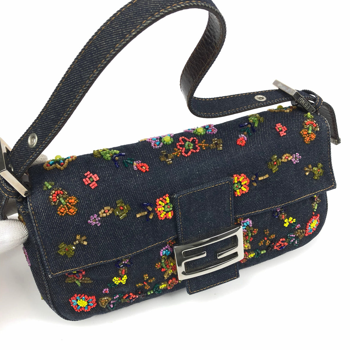 FENDI DENIM FLORAL BEADED BAGUETTE BAG