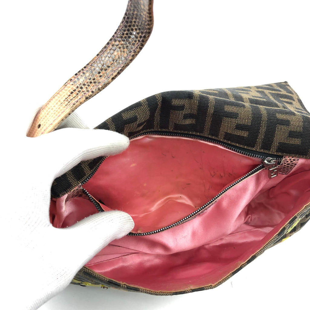 FENDI ZUCCA BEADED BAGUETTE BAG WITH EXOTIC LIZARD DETAILING
