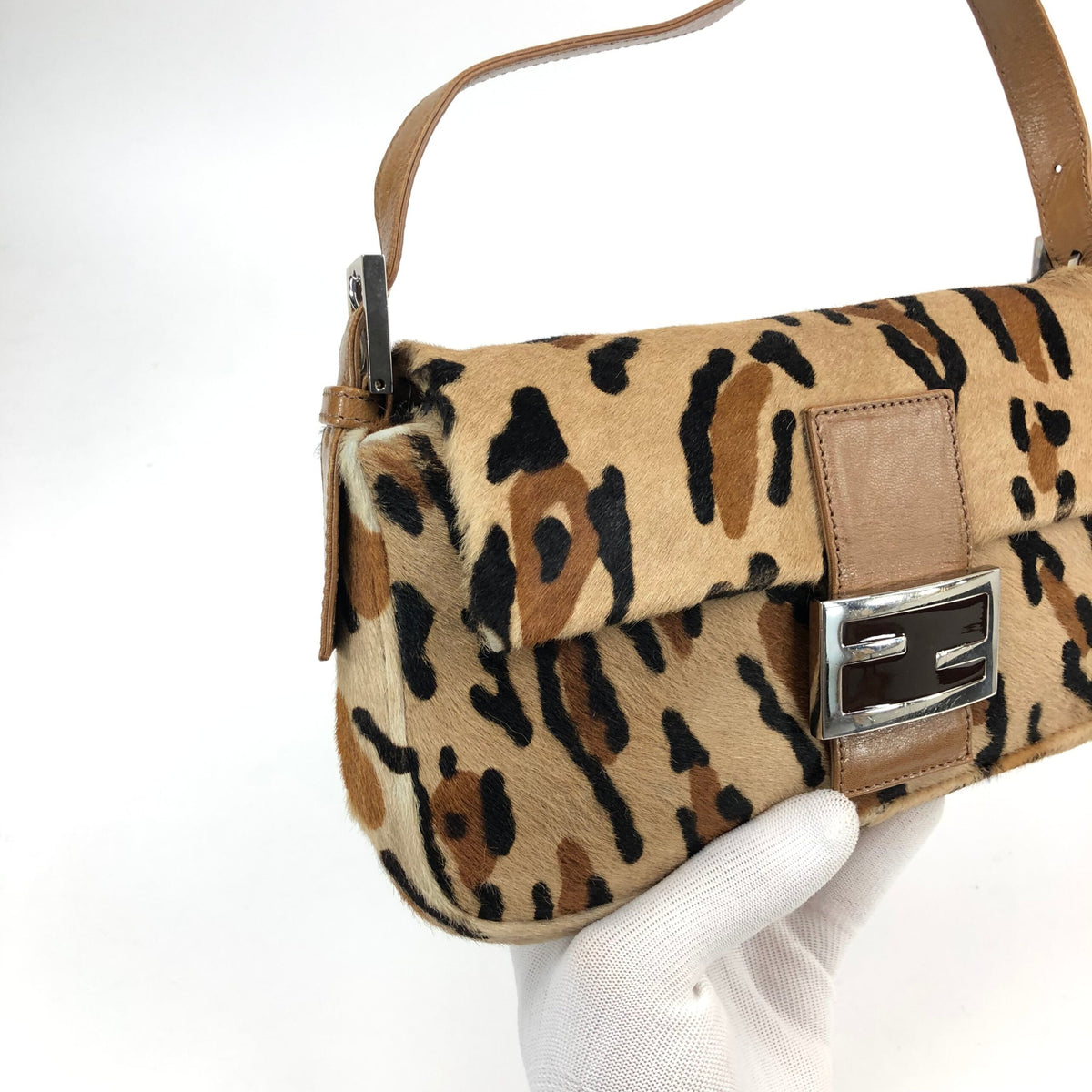 FENDI LEOPARD CALF HAIR BAGUETTE SHOULDER BAG