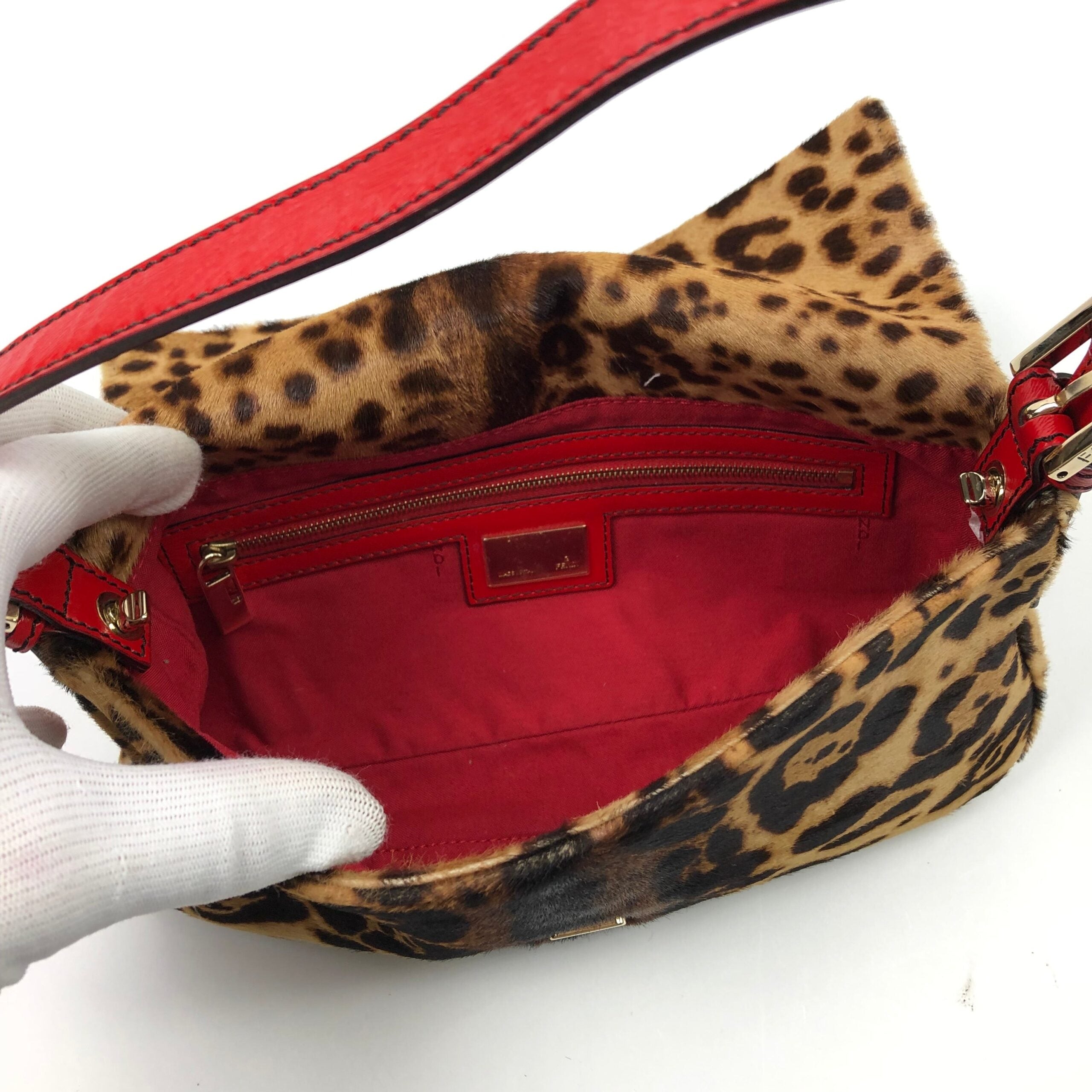 FENDI LEOPARD PONY HAIR BAGUETTE SHOULDER BAG