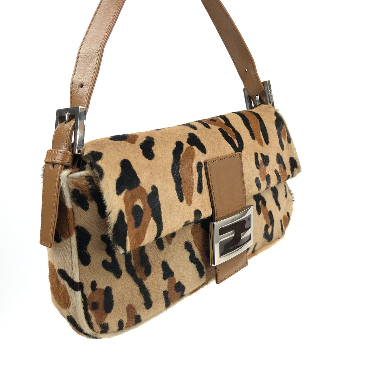 FENDI LEOPARD CALF HAIR BAGUETTE SHOULDER BAG