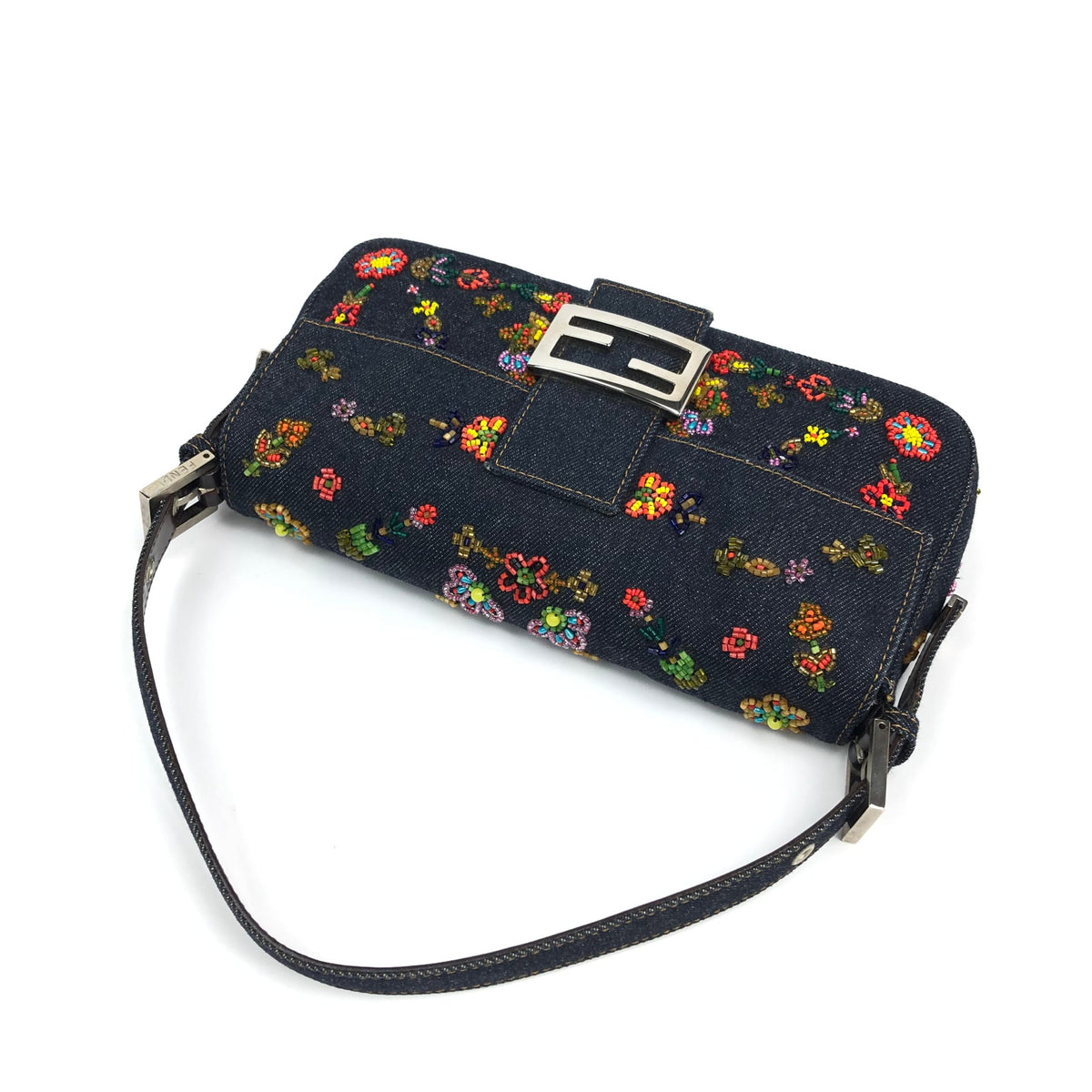 FENDI DENIM FLORAL BEADED BAGUETTE BAG